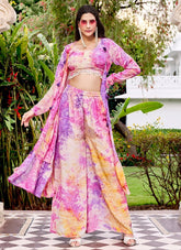 Printed Silk Three Piece Co-Ord Set For Girl In Purple